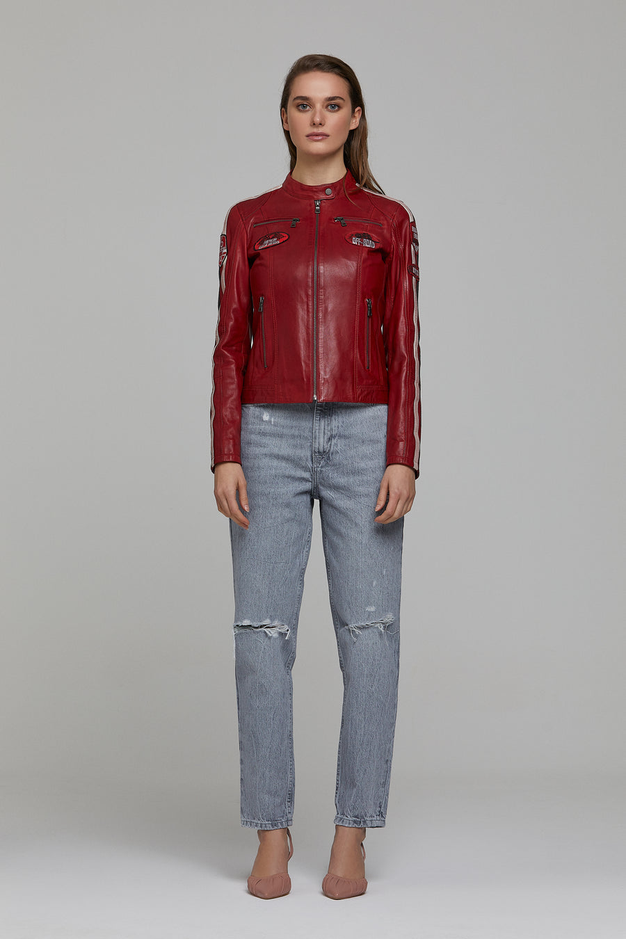 Ladyracer Women's Red Embroidered Sports Leather Coat