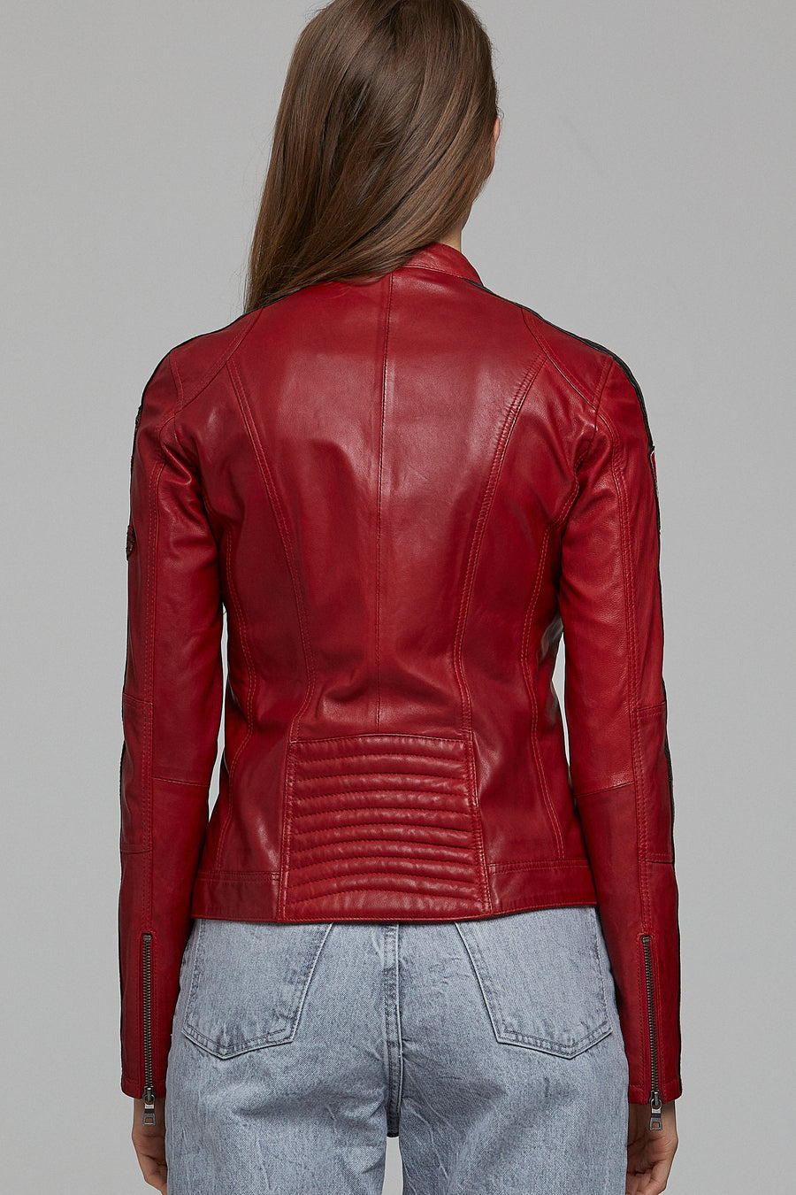 Ladyracer Women's Red Embroidered Sports Leather Coat