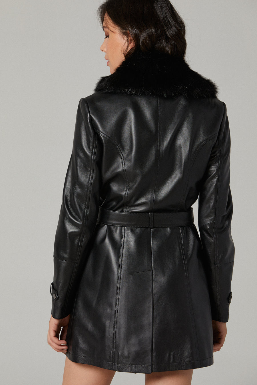 Rhoda Women's Black Fur Leather Trench Coat