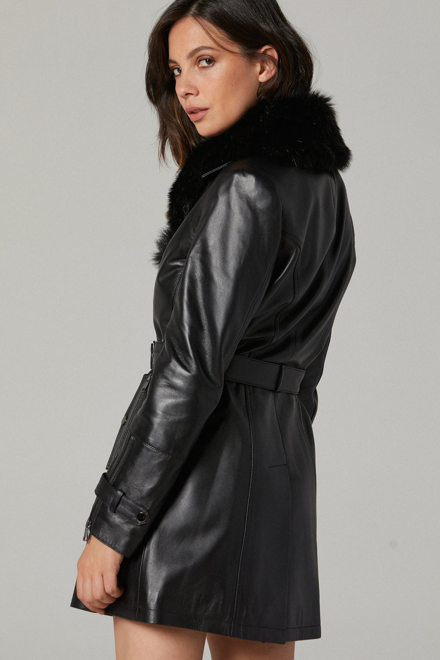 Rhoda Women's Black Fur Leather Trench Coat