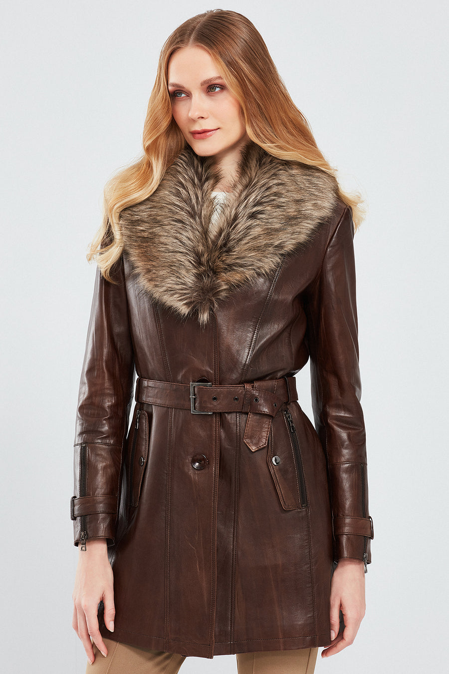 Rhoda Women's Brown Fur Leather Trench Coat