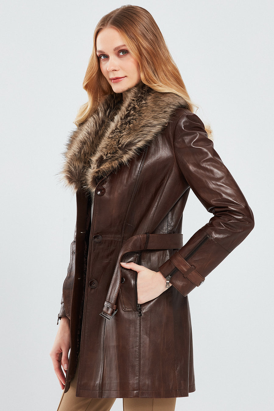 Rhoda Women's Brown Fur Leather Trench Coat
