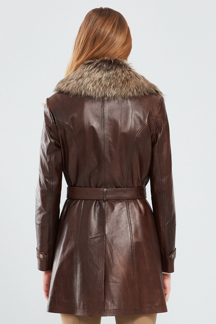 Rhoda Women's Brown Fur Leather Trench Coat