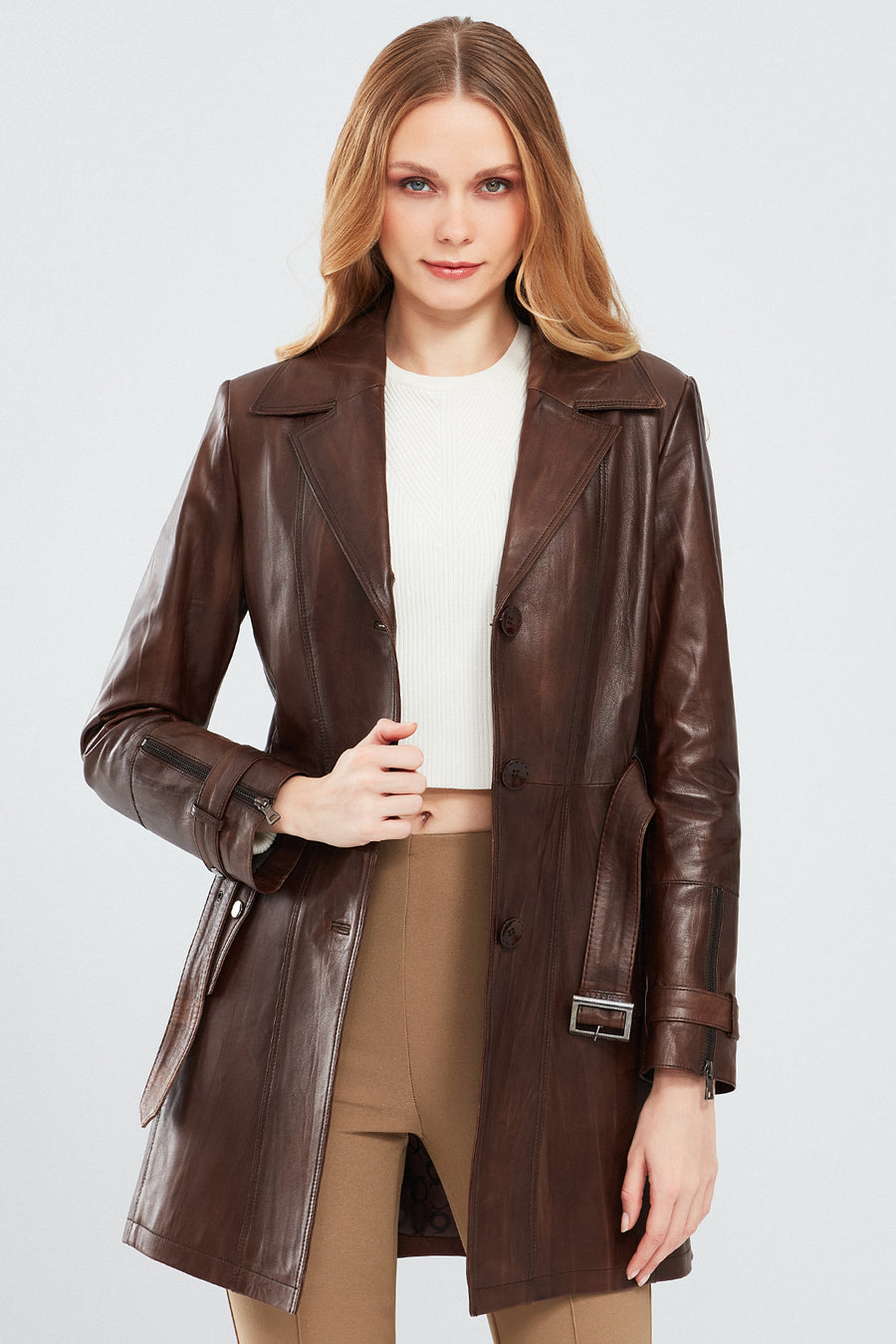 Rhoda Women's Brown Fur Leather Trench Coat
