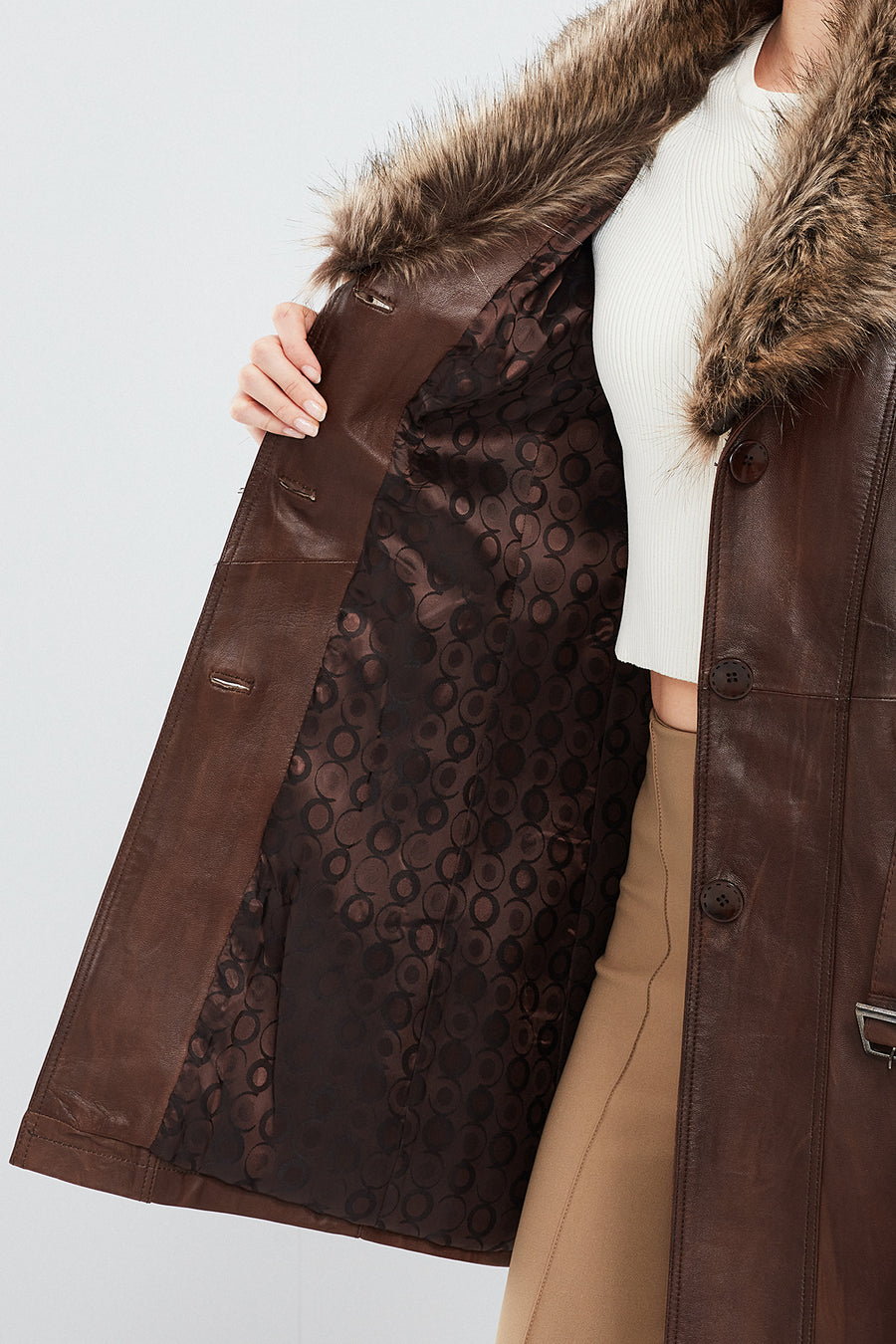 Rhoda Women's Brown Fur Leather Trench Coat