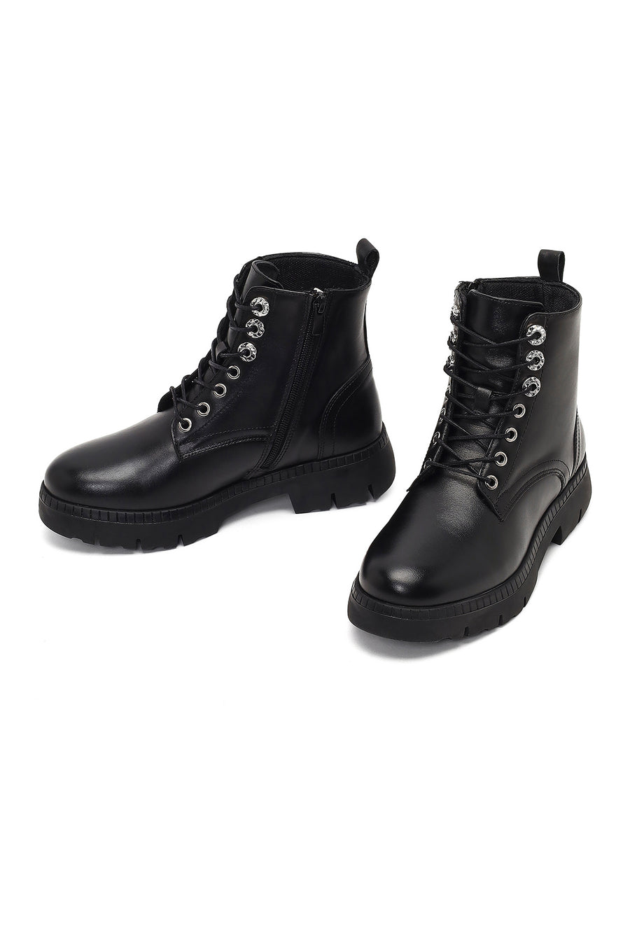 Women's Black Zippered Thick-Soled Leather Ankle Boots