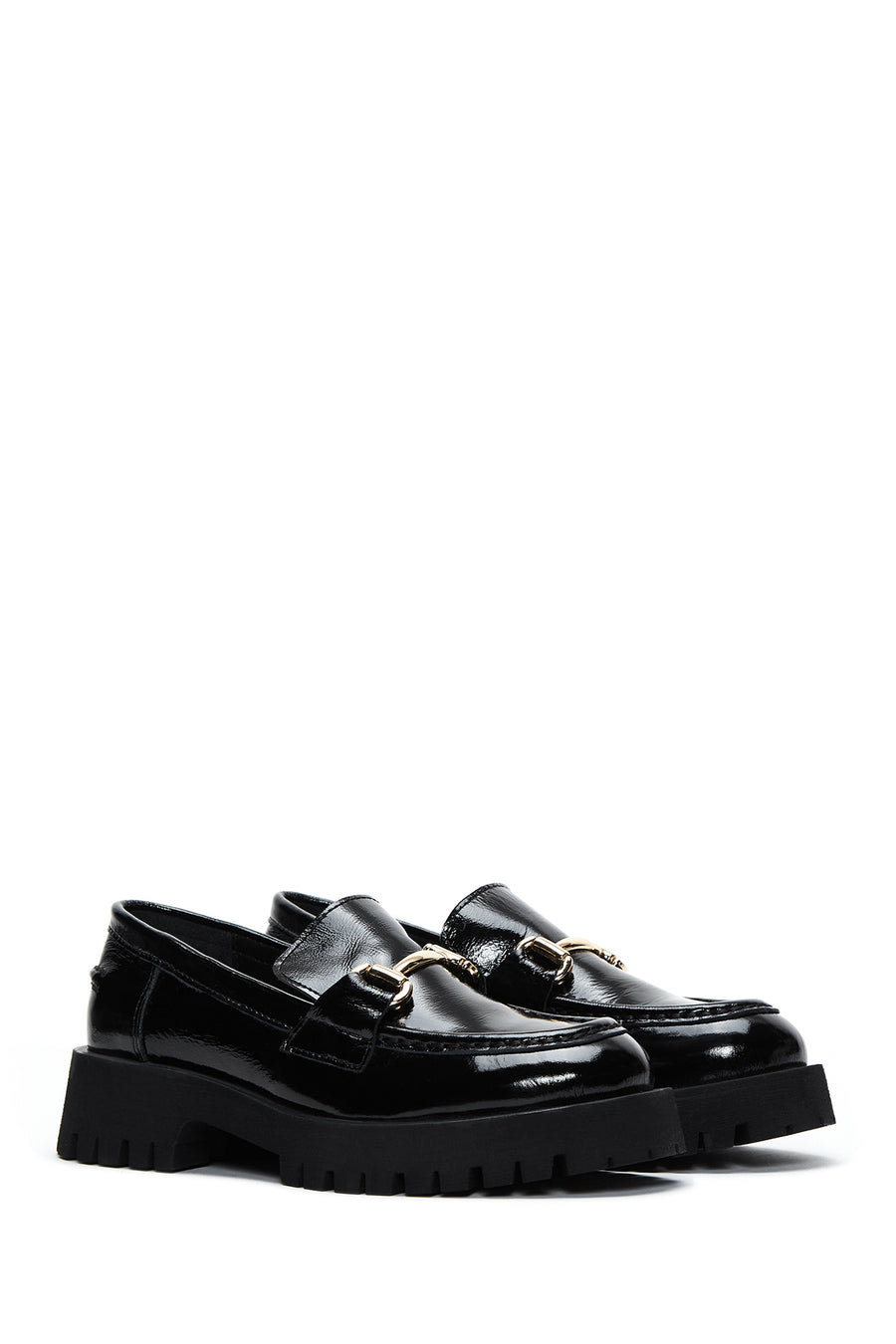 Woman Black Buckled Thick-Soled Patent Leather Leather Masculine Loafer