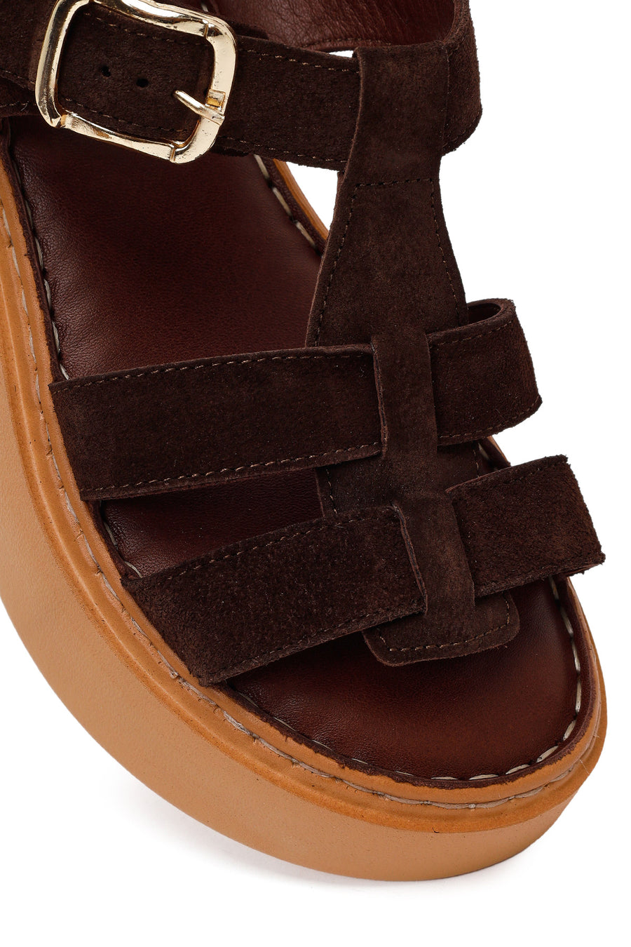 Woman Brown Ankle-Buckle Thick-Soled Suede Comfort Sandal