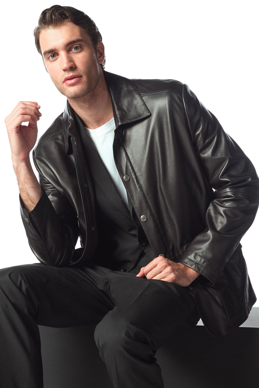Salah Men's Black Shirt Collar Leather Jacket