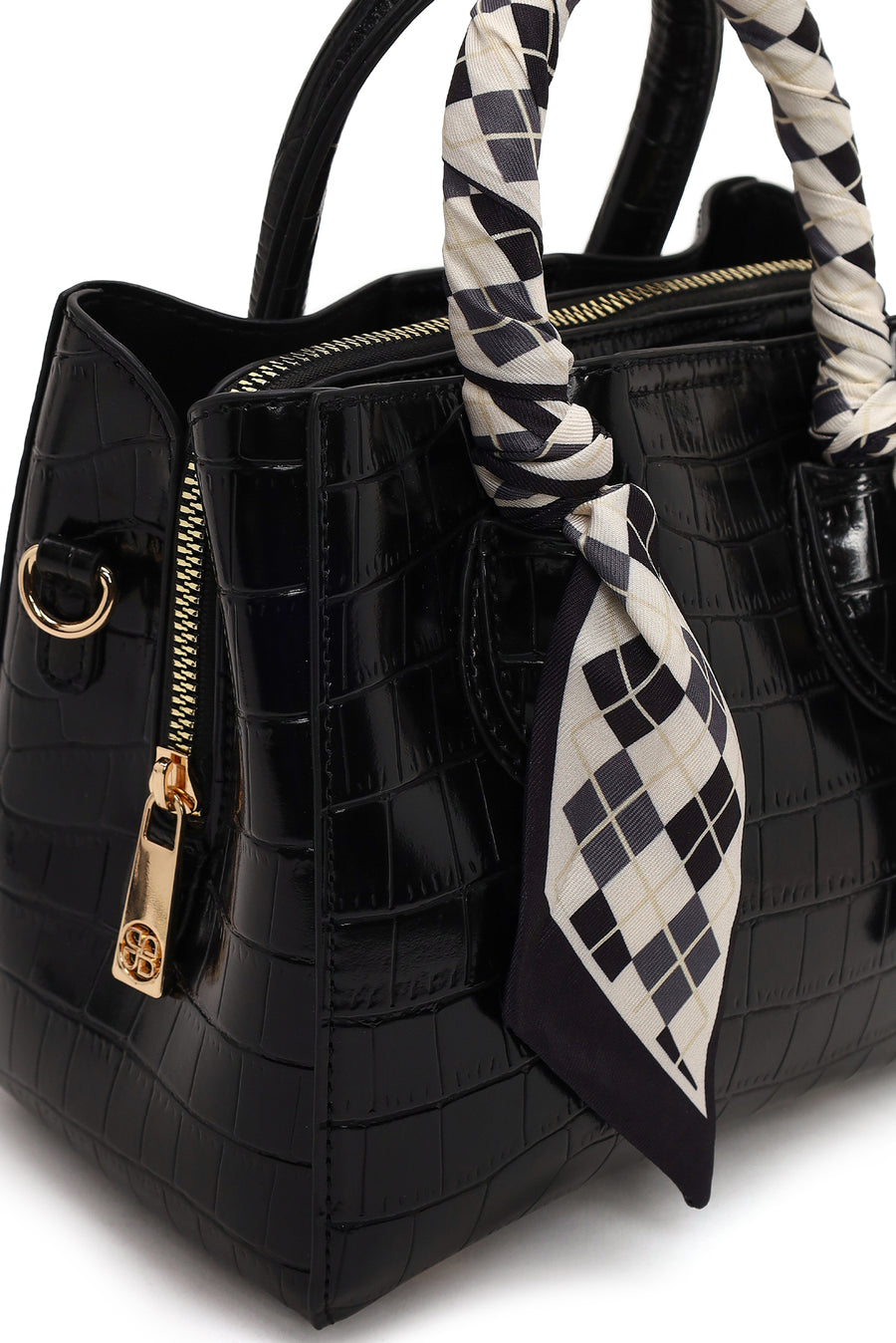 Woman Black Long-Strap Croc-Pattern Mini Shoulder Bag