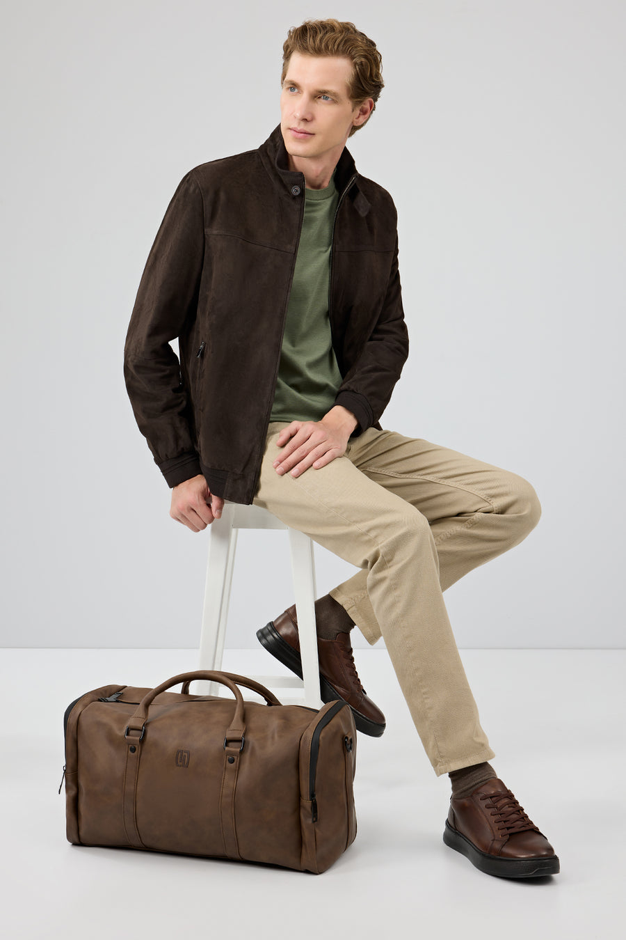 Marcelo Men's Brown Mandarin Collar Suede Leather Jacket