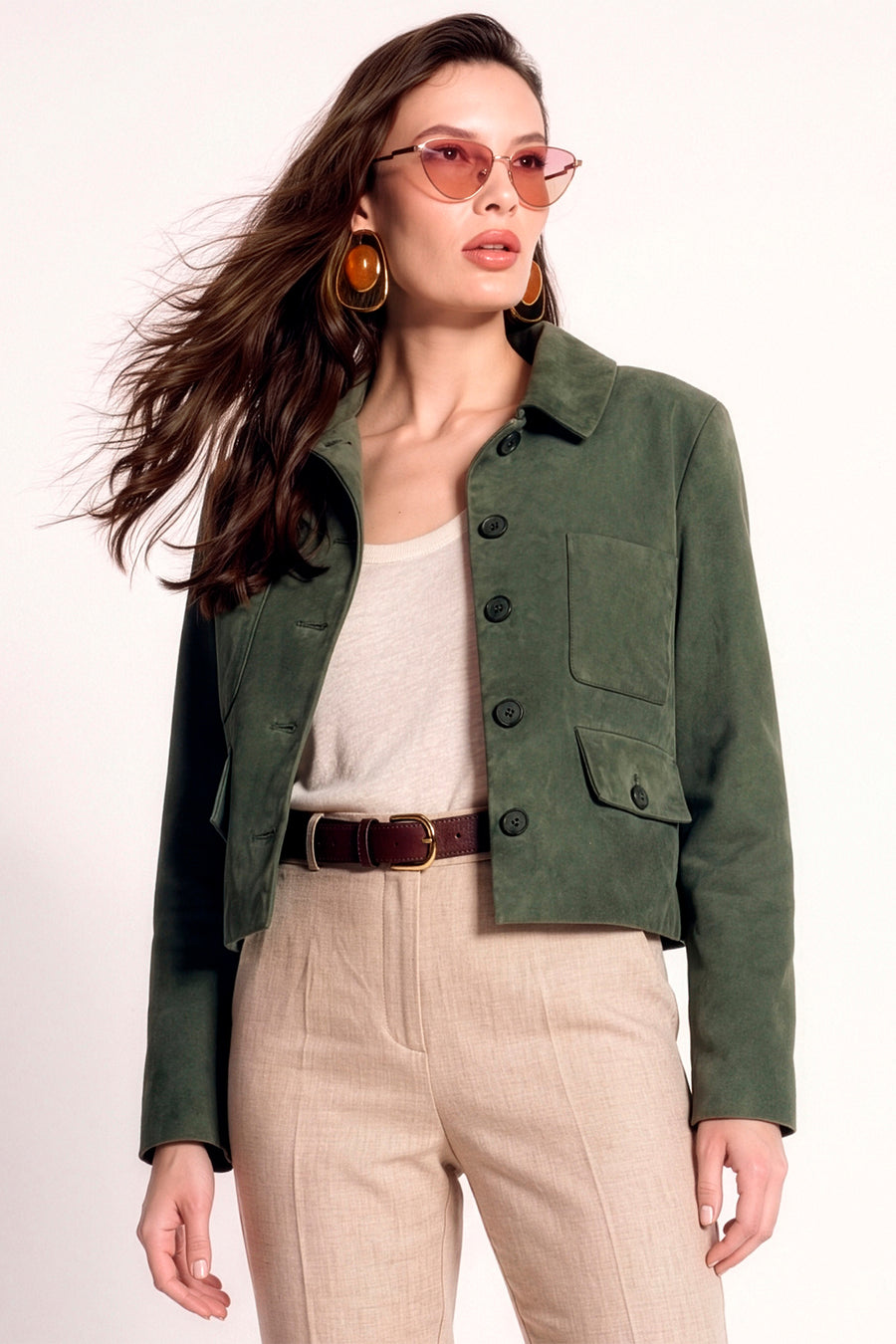 Cassandra Woman Green Slim-Fit Suede Leather Jacket 26SGD565010 | Derimod