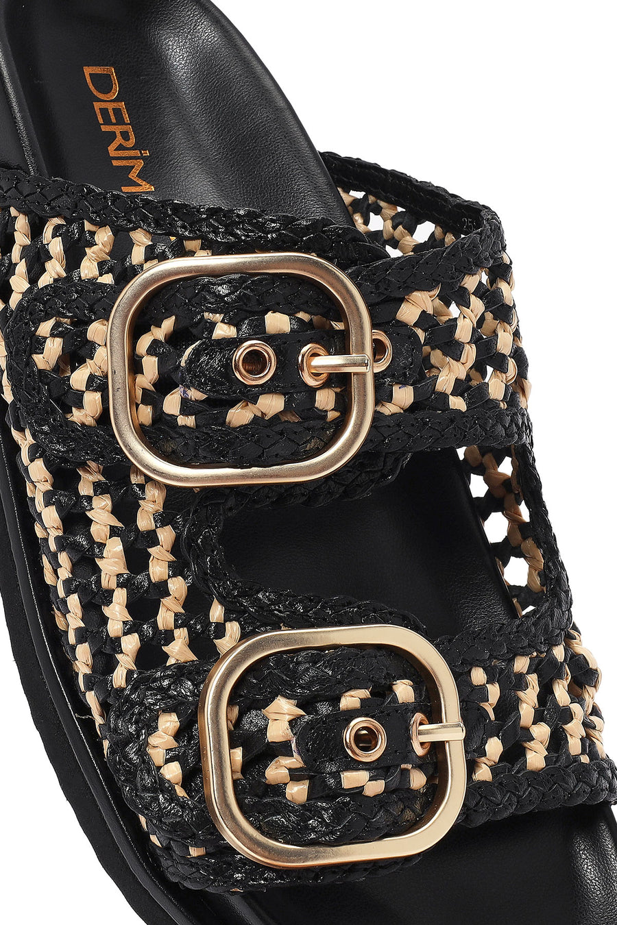 Women's Black Double Buckle Straw Leather Slippers