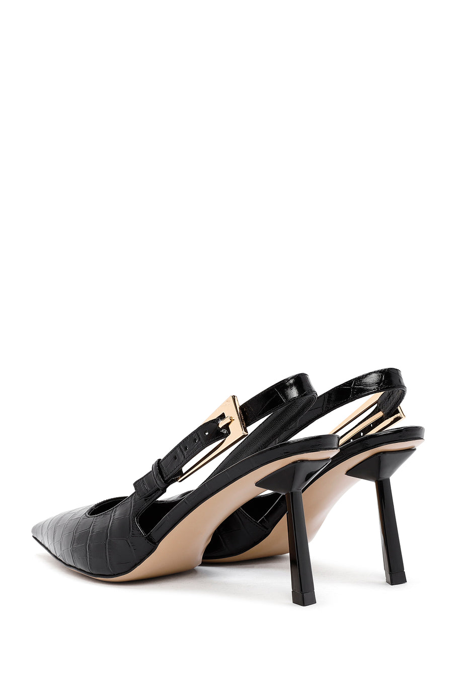 Women's Black Crocodile Patterned Open Back Thin Heeled Leather Shoes