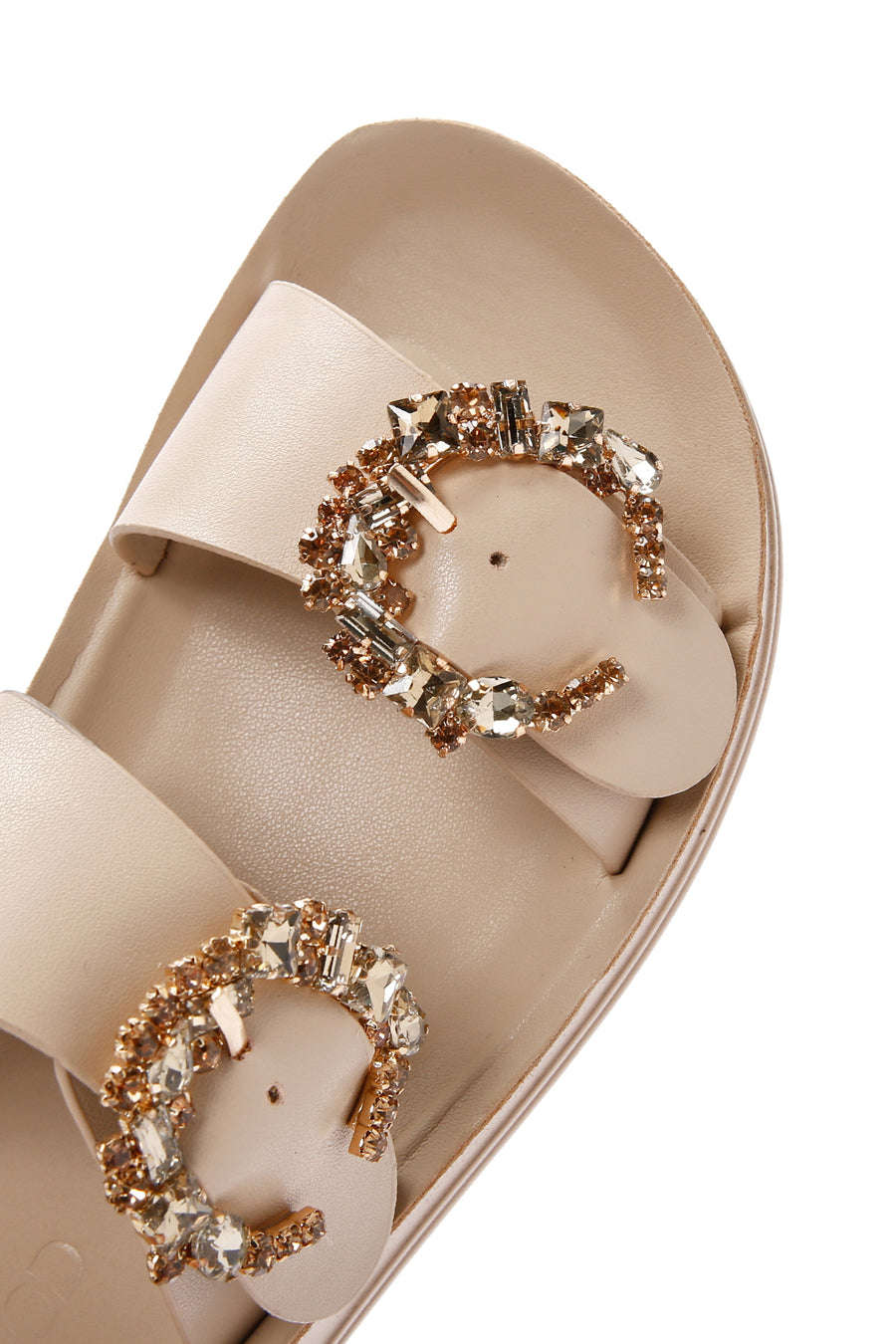 Women's Beige Double Buckled Stoned Slippers