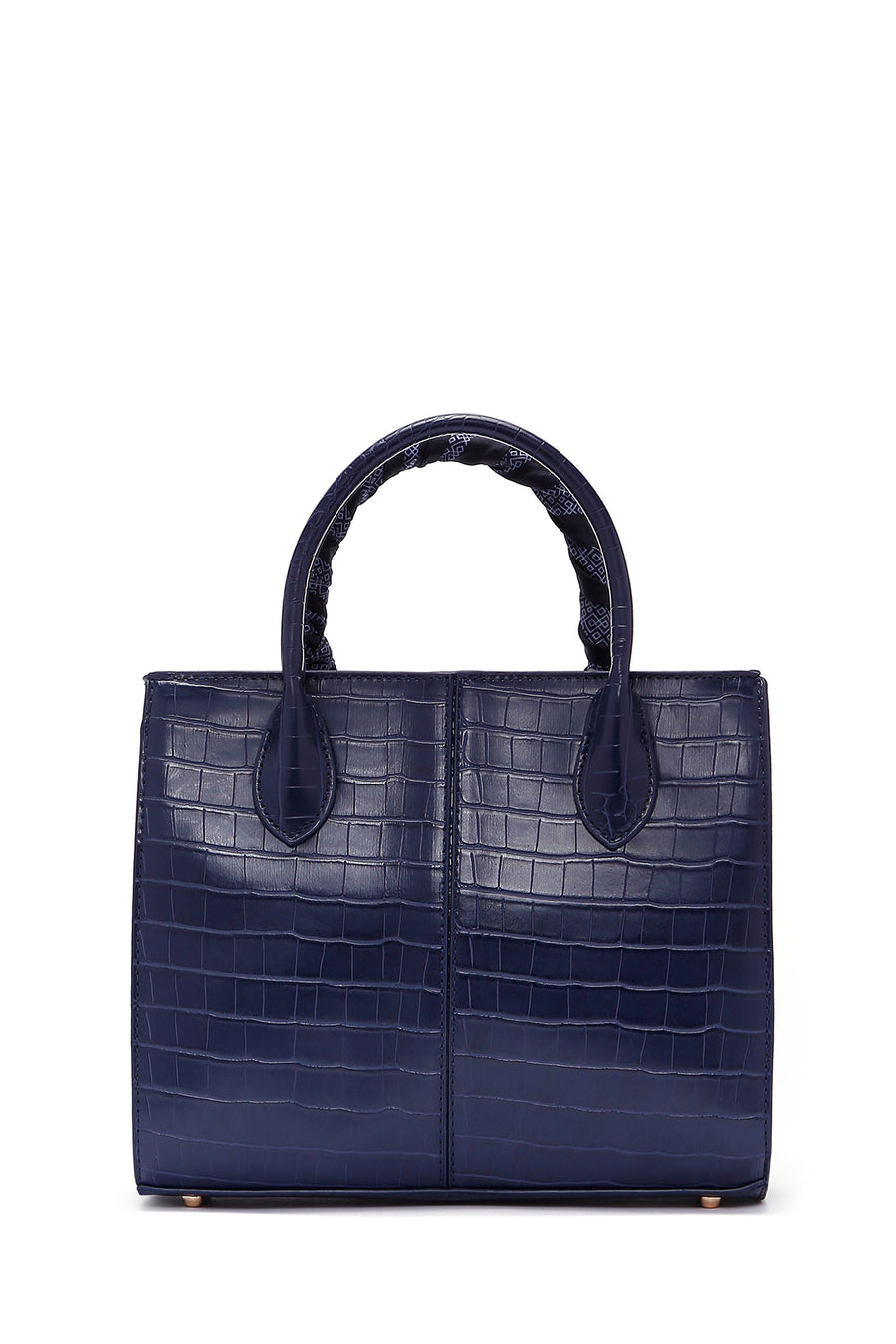 Women's Navy Blue Long Strap Crocodile Patterned Handbag with Accessory Detail