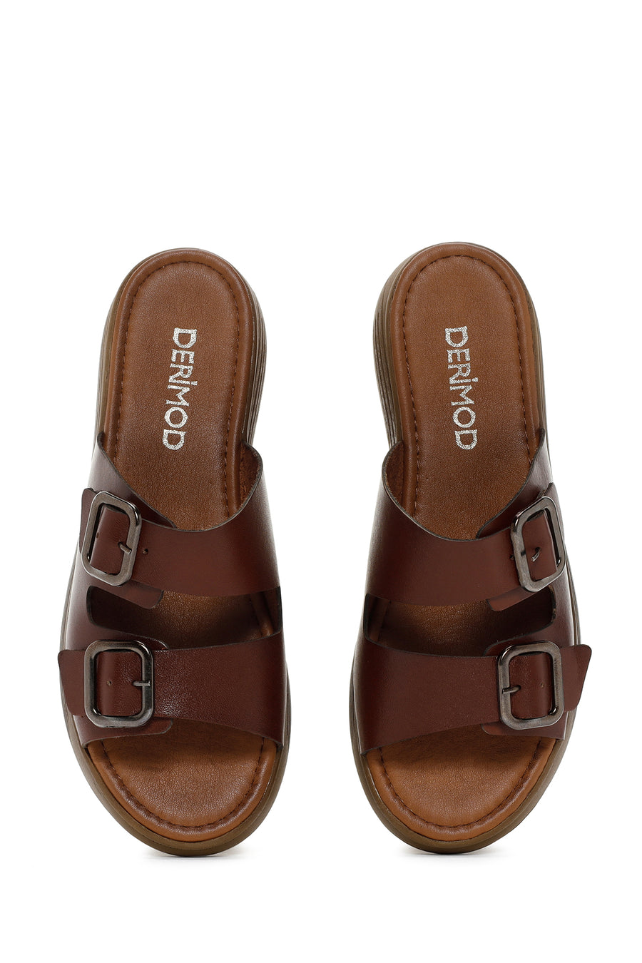 Women's Brown Thick Sole Buckle Leather Slippers