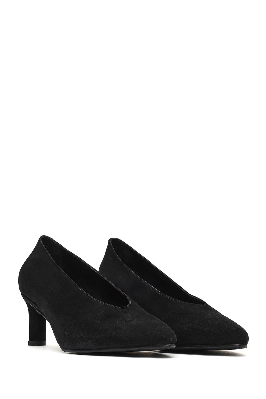 Woman Black Low Thin Heel Suede Leather Stiletto