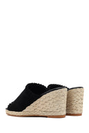 Women's Black Wedge Heeled Suede Leather Espadrille Slippers | Derimod