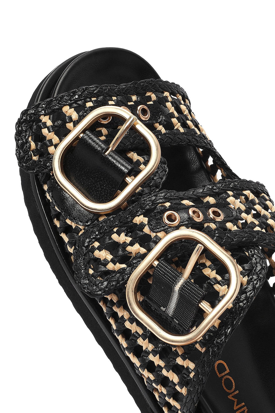 Women's Black Double Buckle Straw Leather Slippers