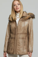 Rachel Women's Sand Hooded Fur Leather Coat | Derimod