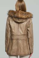 Rachel Women's Sand Hooded Fur Leather Coat | Derimod