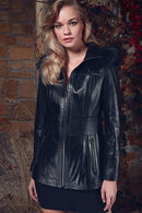 Rachel Women's Black Hooded Fur Leather Coat | Derimod