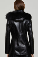 Rachel Women's Black Hooded Fur Leather Coat | Derimod