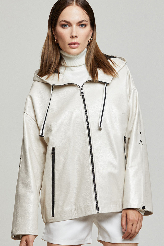 Jennifer Women's Beige Hooded Oversize Leather Jacket 21WGD5922JB | Derimod
