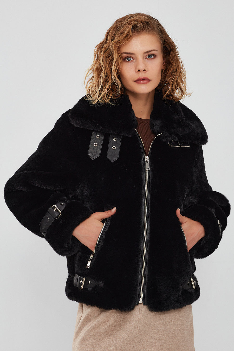 Anabel Women's Black Teddy Leather Jacket 21WGD5952FF | Derimod