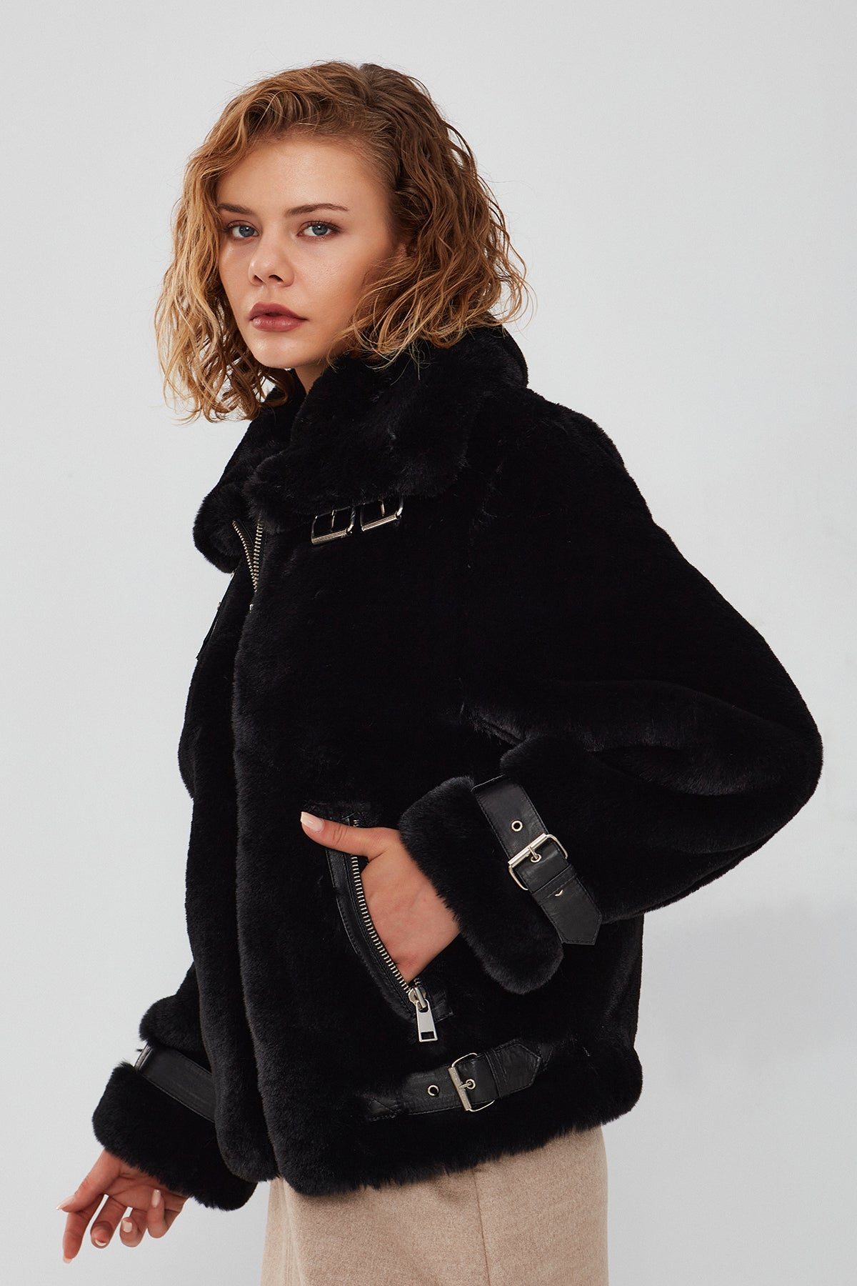 Anabel Kadın Siyah Teddy Deri Mont