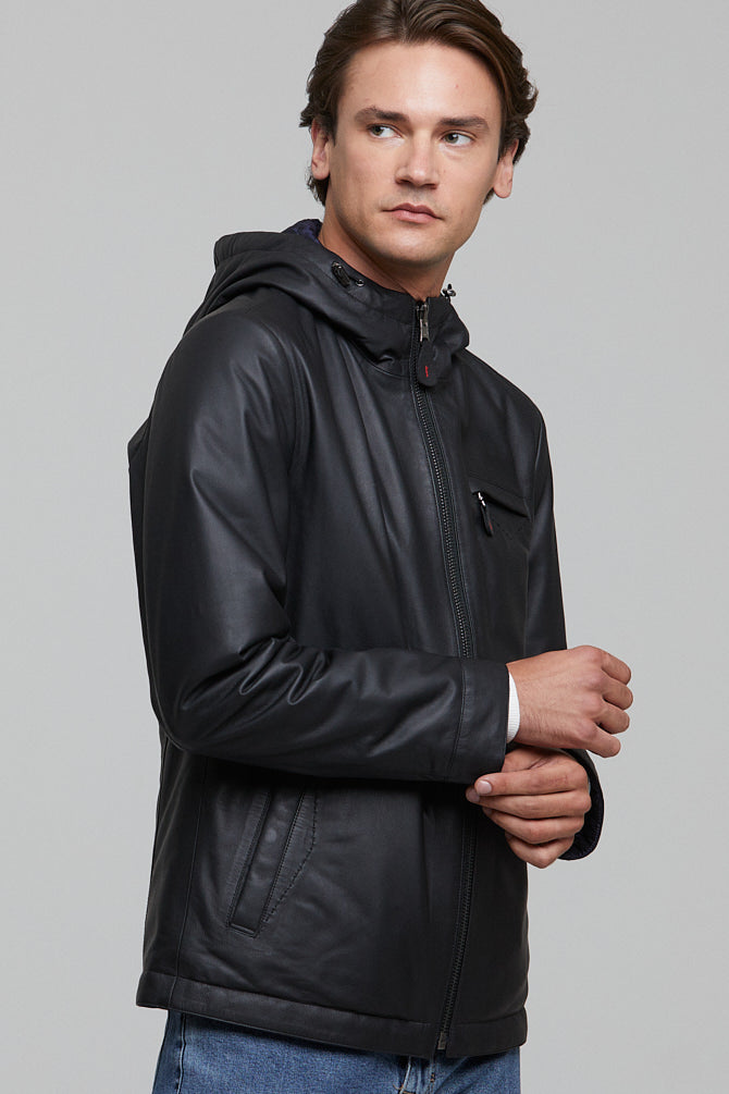 Fernandes Men's Navy Blue Hooded Leather Jacket