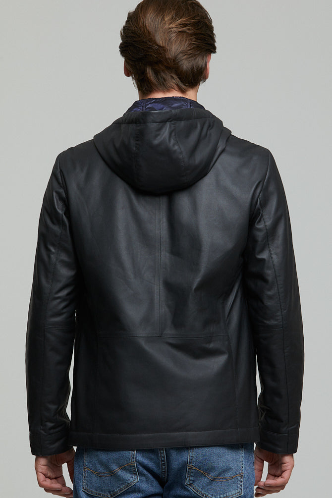 Fernandes Men's Navy Blue Hooded Leather Jacket