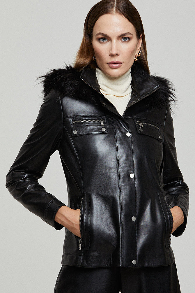 Edith Women's Black Fur Leather Coat