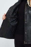 Lavinia Kadın Siyah Kapüşonlu Kürklü Deri Kaban | Derimod