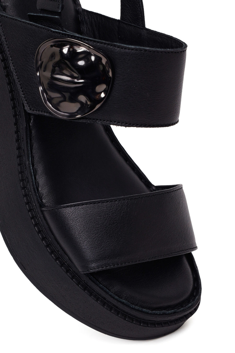 Women’s Black Strappy Wedge Leather Comfort Sandals