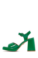 Women's Green Patent Leather Thick Heeled Sandals | Derimod