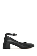 Women's Black Ankle Strap Low Thick Heel Leather Shoes | Derimod