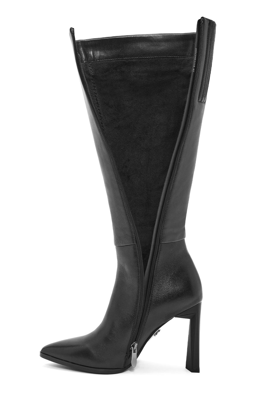 Women's Black Zippered Thin High Heel Leather Boots