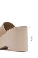 Women's Beige Wedge Heeled Leather Slippers | Derimod