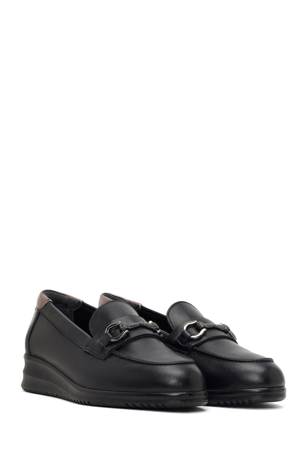 Kadın Siyah Tokalı Dolgu Topuklu Deri Comfort Loafer