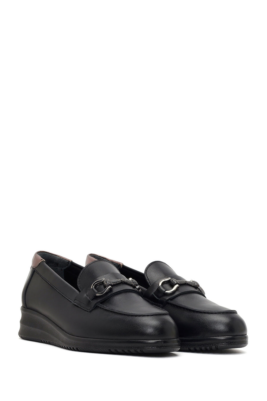 Women's Black Buckle Platform Leather Comfort Loafer