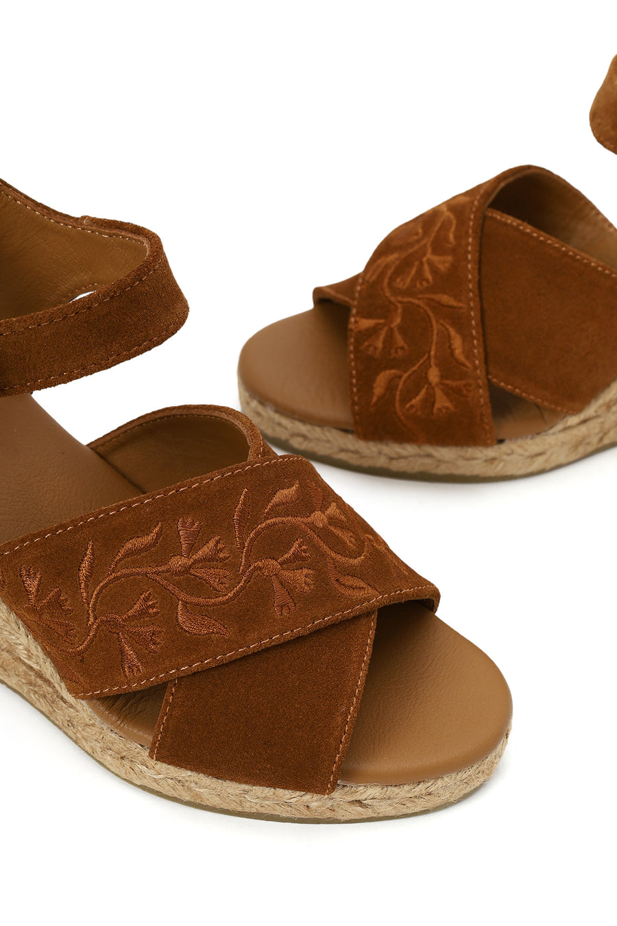 Woman Tan Ankle Buckled Wedge Heel Suede Espadrilles Sandal