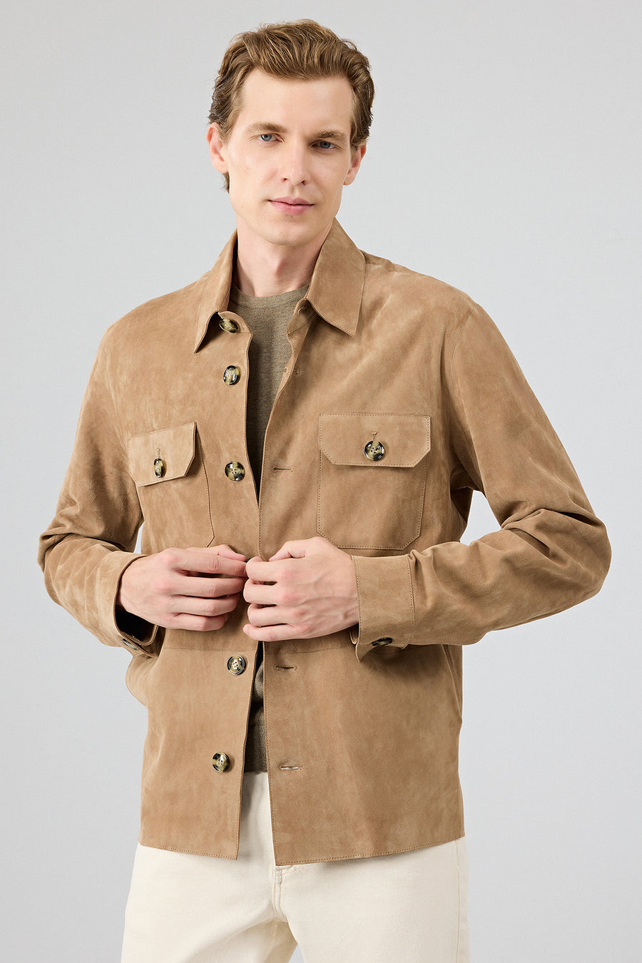 Osimhen Men's Beige Shirt Collar Suede Leather Jacket