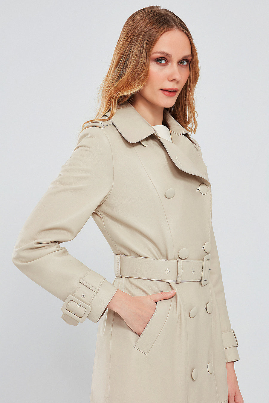 Fergie Women's Beige Long Leather Trench Coat