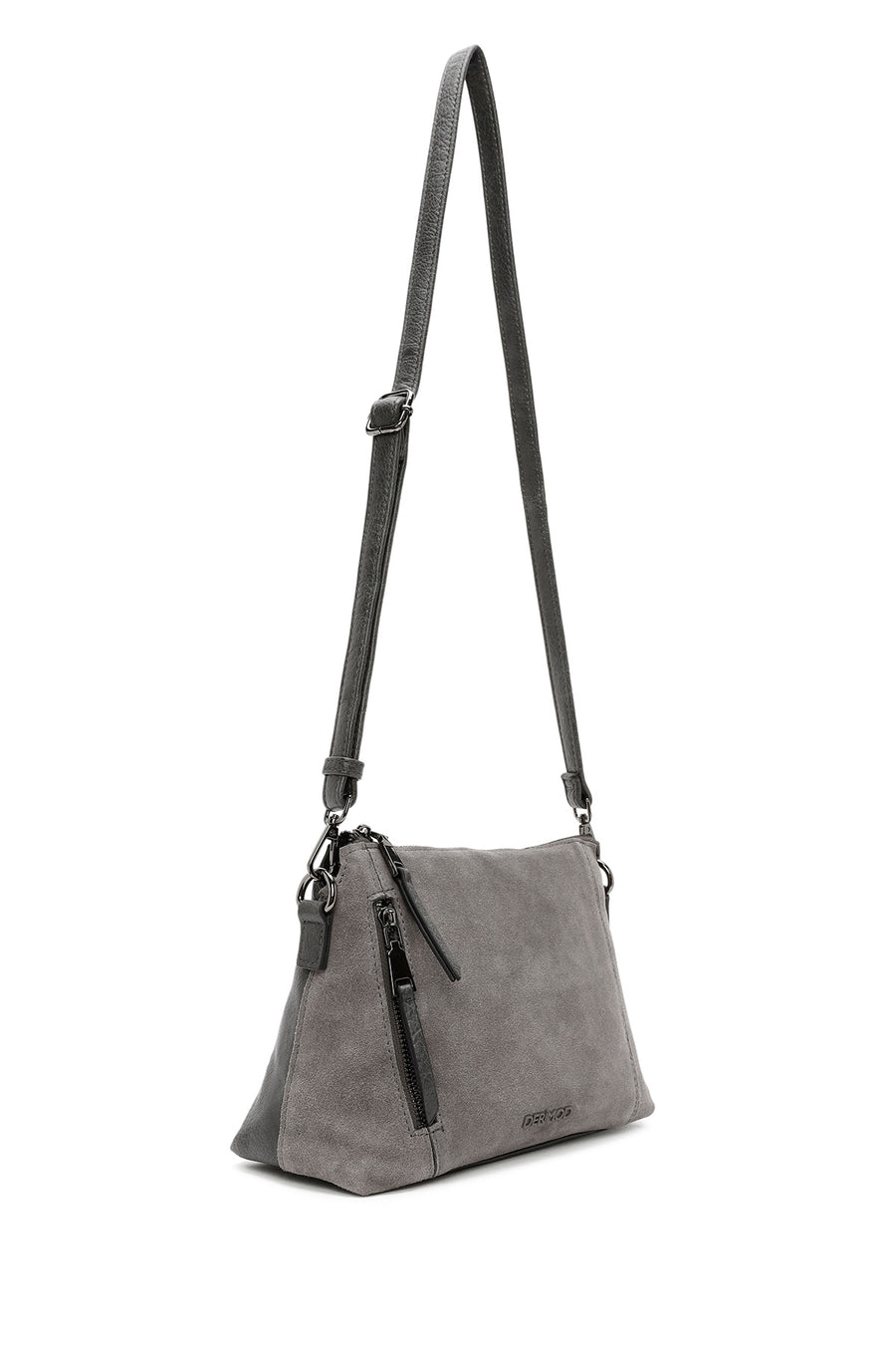 Woman Gray Long-Strap Suede Crossbody Bag