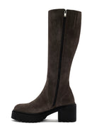 Women's Mink Zippered Thick Heel Suede Leather Boots | Derimod