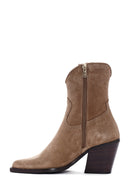 Women's Tan Zippered Suede Leather Cowboy Boots | Derimod