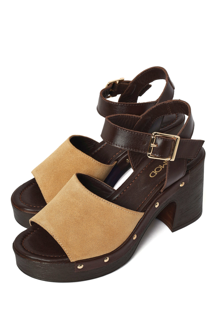 Woman Beige Ankle-Strap Buckled Thick-Heeled Suede Leather Sandals