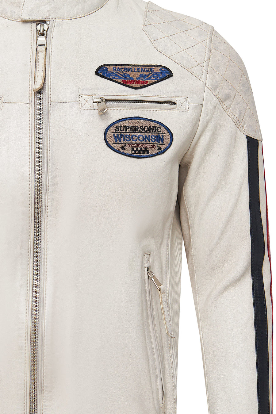Storm Men's White Slim-Fit Leather Jacket with Emblem